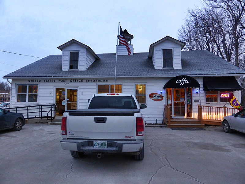 Bethlehem post office, the Maia Papaya Cafe and the GMC, Bethlehem, New Hampshire. 