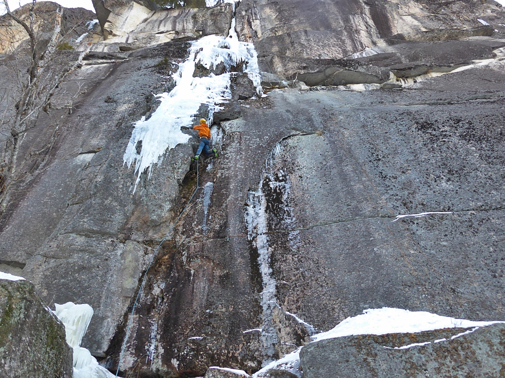 Myself climbing The Direct Direct start to Remission. Credit, Kevin Mahoney.