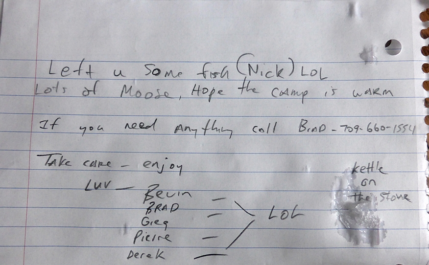 Bevin's note left in the cabin.